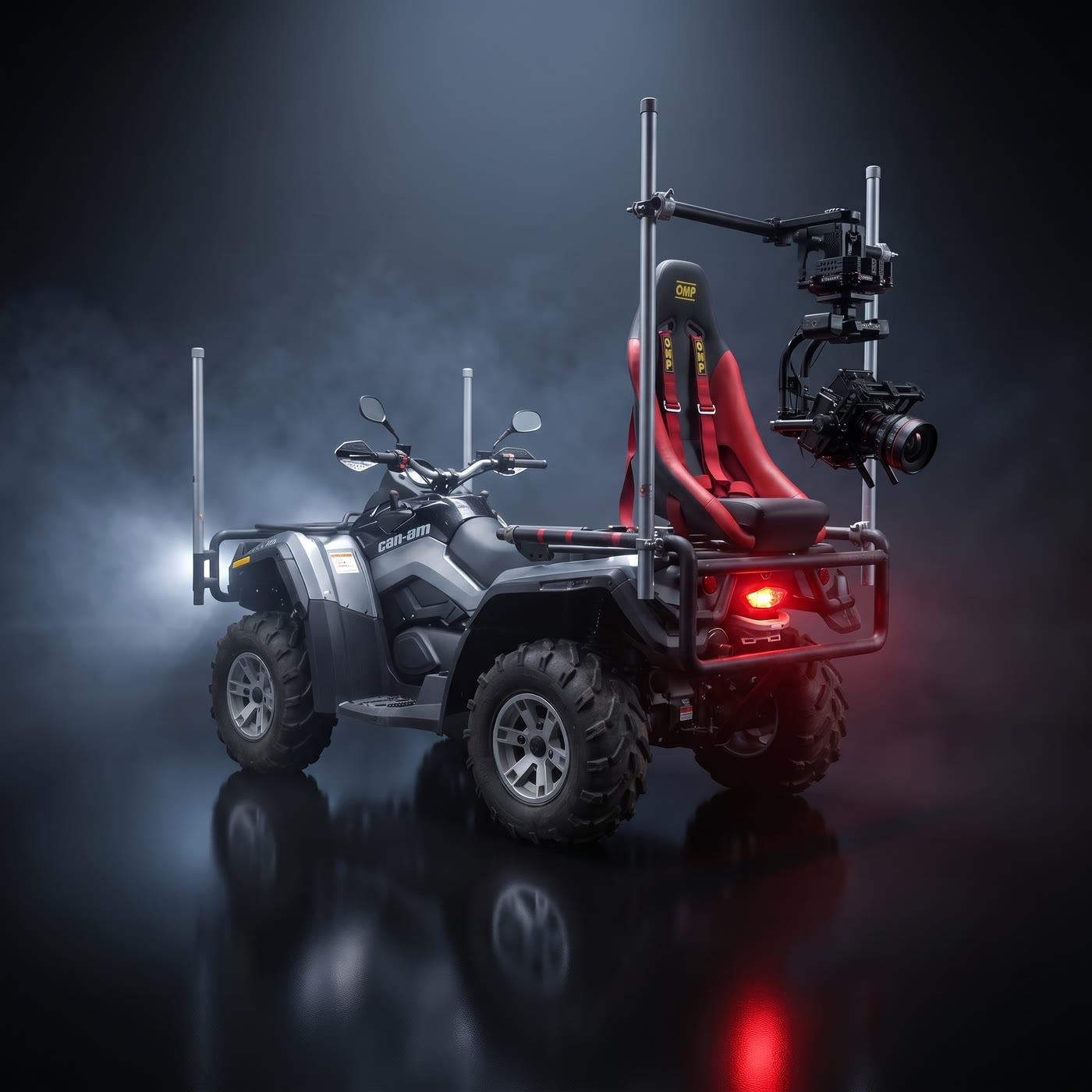 The Cinema Cars camera quad with its red operator seat and camera arm